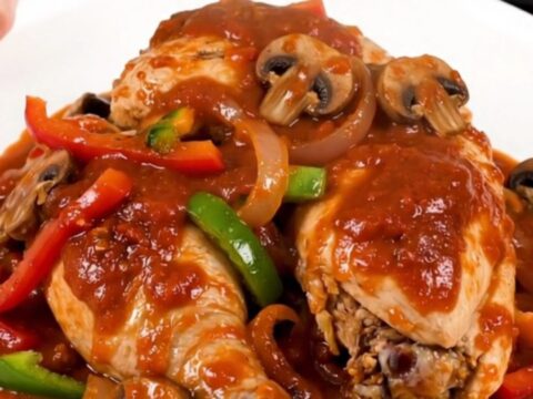 A close-up of a serving of slow cooker chicken cacciatore with tender chicken thighs and colorful vegetables on a white