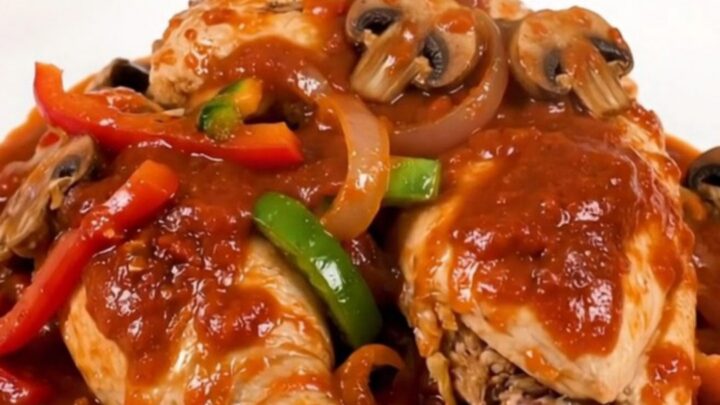 A close-up of a serving of slow cooker chicken cacciatore with tender chicken thighs and colorful vegetables on a white