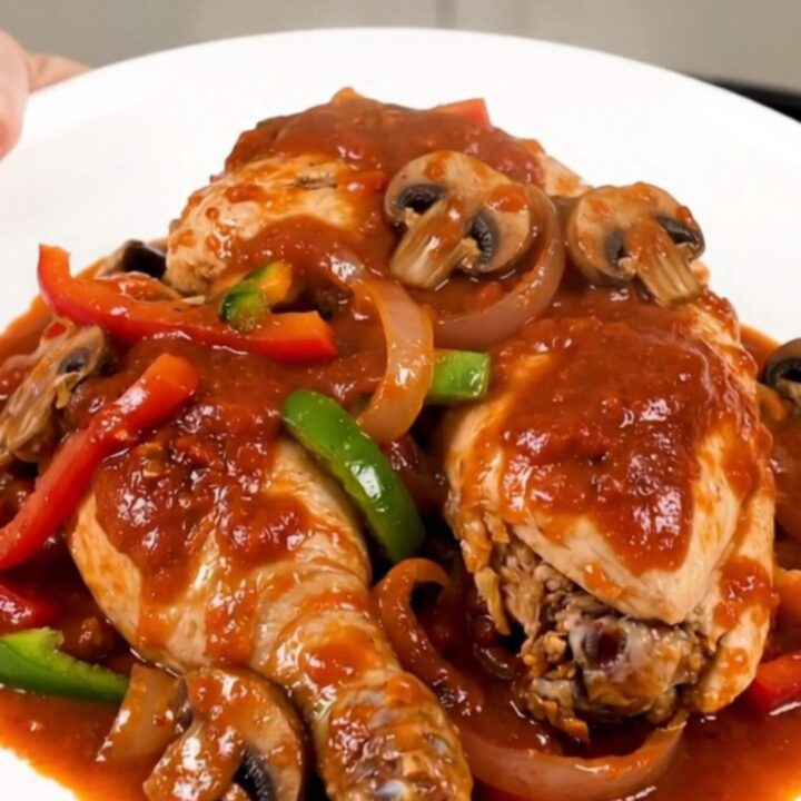 A close-up of a serving of slow cooker chicken cacciatore with tender chicken thighs and colorful vegetables on a white