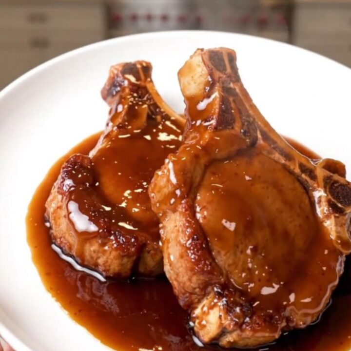 A plate of tender, glossy hoisin-glazed pork chops sitting on a white plate with a blurred kitchen background.