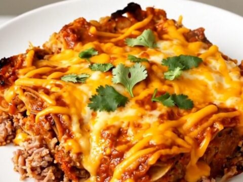A top-down view of a black slow cooker filled with ground turkey, beans, corn, and red enchilada sauce.