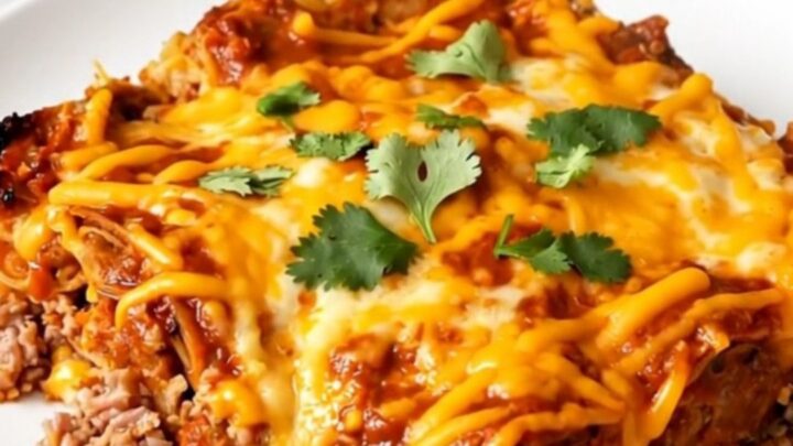A top-down view of a black slow cooker filled with ground turkey, beans, corn, and red enchilada sauce.
