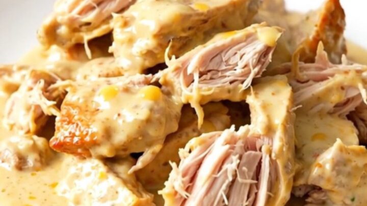 A close-up of creamy roasted garlic asiago chicken served on a white plate with a glossy sauce.
