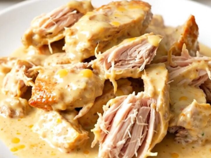 A close-up of creamy roasted garlic asiago chicken served on a white plate with a glossy sauce.