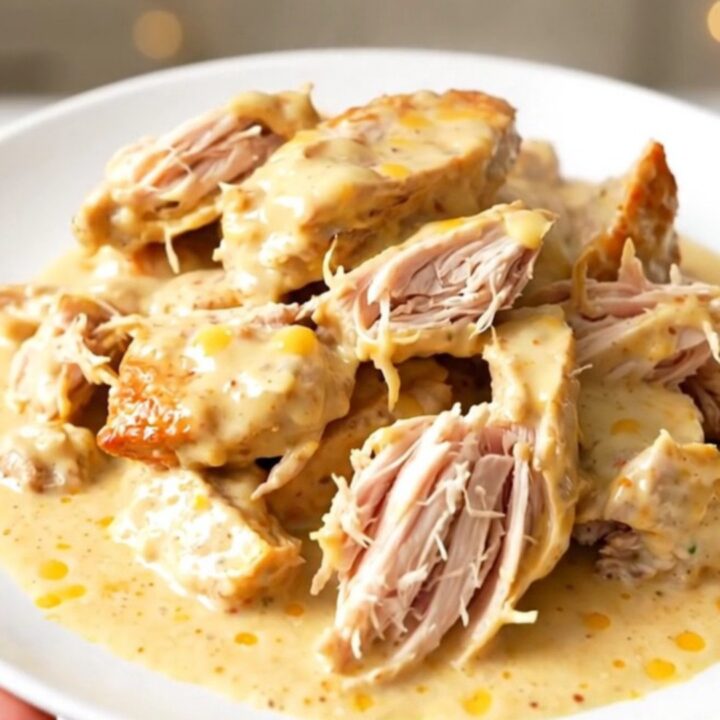A close-up of creamy roasted garlic asiago chicken served on a white plate with a glossy sauce.