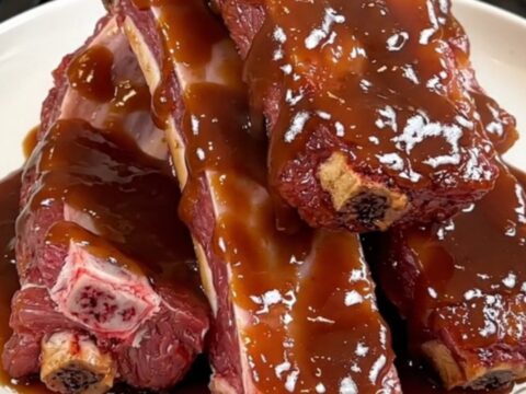 A plate of tender, glazed baby back ribs resting on a white plate against a blurred kitchen background.