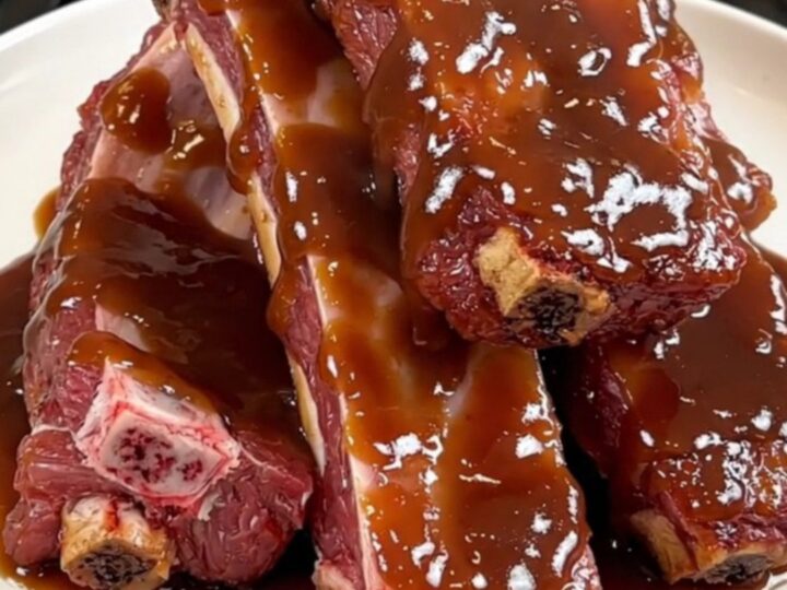 A plate of tender, glazed baby back ribs resting on a white plate against a blurred kitchen background.