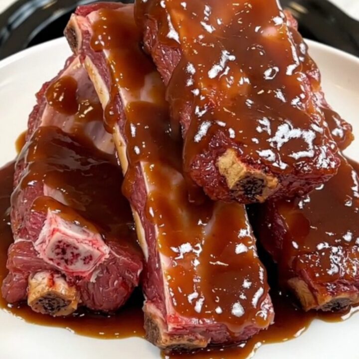 A plate of tender, glazed baby back ribs resting on a white plate against a blurred kitchen background.
