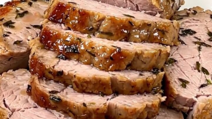 A close-up of sliced, juicy pork tenderloin on a white plate, seasoned with herbs and lemon slices.
