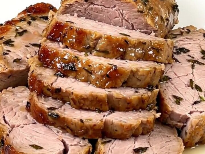 A close-up of sliced, juicy pork tenderloin on a white plate, seasoned with herbs and lemon slices.