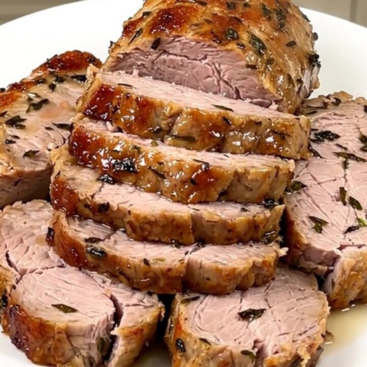 A close-up of sliced, juicy pork tenderloin on a white plate, seasoned with herbs and lemon slices.
