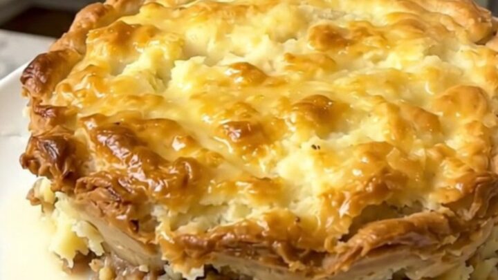 A close-up view of a steaming, glossy ground turkey shepherd's pie served on a plain white plate.