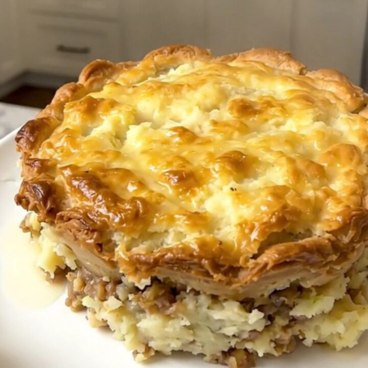 A close-up view of a steaming, glossy ground turkey shepherd's pie served on a plain white plate.