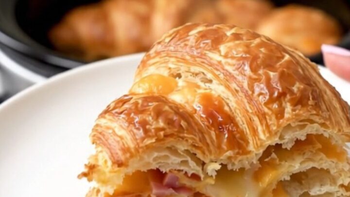 A warm, golden, puffed croissant breakfast casserole slice on a white plate.