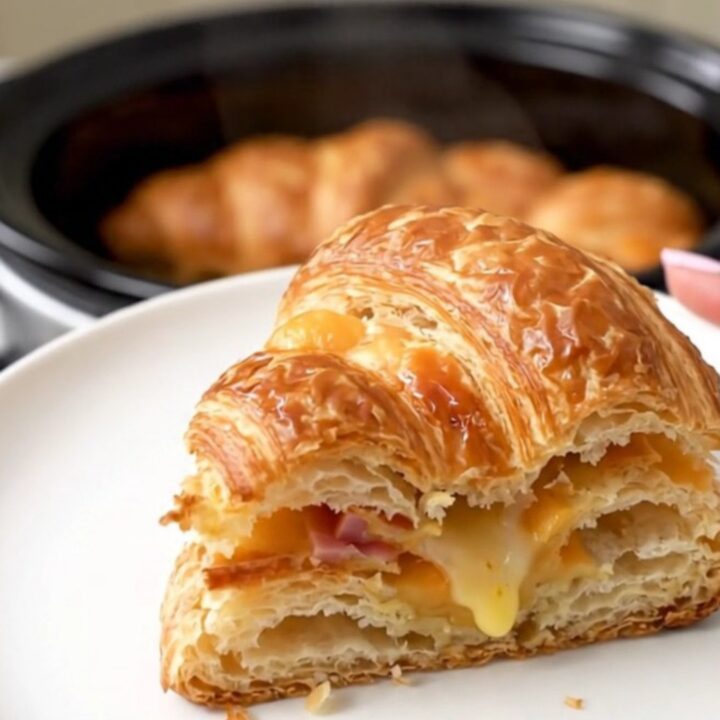 A warm, golden, puffed croissant breakfast casserole slice on a white plate.