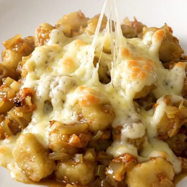 A close-up of a bowl filled with soft potato gnocchi in a rich, onion-filled broth topped with melted, bubbly Swiss cheese.