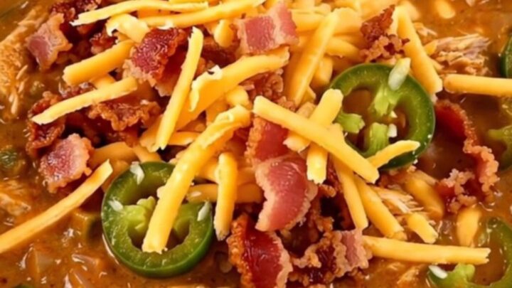 A bowl of creamy turkey chili garnished with crumbled bacon and shredded cheddar cheese.