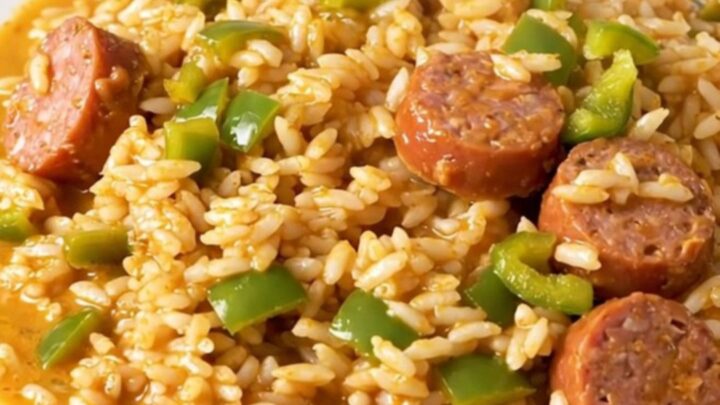 A close-up shot of creamy Cajun smoked sausage and peppers served on a white plate.