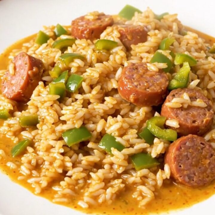 A close-up shot of creamy Cajun smoked sausage and peppers served on a white plate.