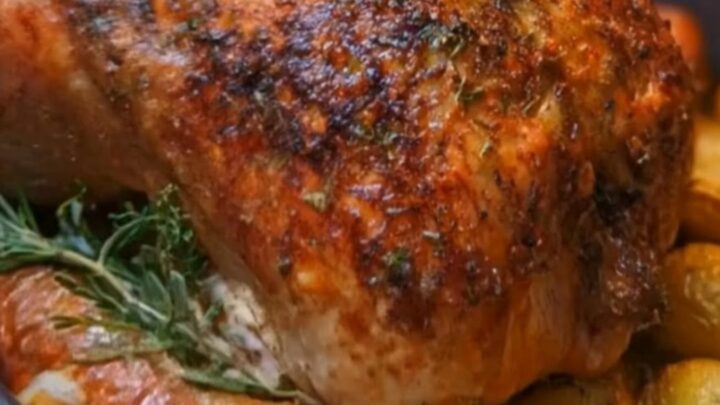 A whole golden-brown roast chicken in a dark baking pan surrounded by glistening baby potatoes and fresh rosemary.