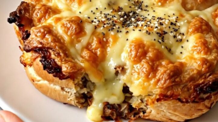 A close-up of a warm, fluffy everything bagel breakfast casserole served on a white plate.