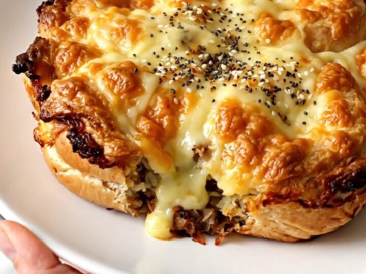 A close-up of a warm, fluffy everything bagel breakfast casserole served on a white plate.