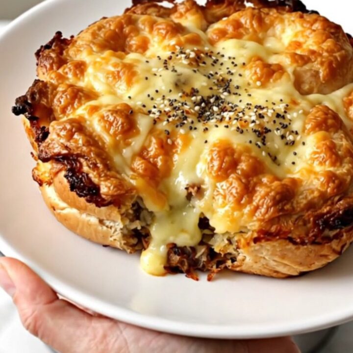 A close-up of a warm, fluffy everything bagel breakfast casserole served on a white plate.
