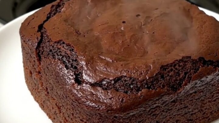 A warm, rich chocolate dump cake served on a clean white plate with a glossy, molten texture.