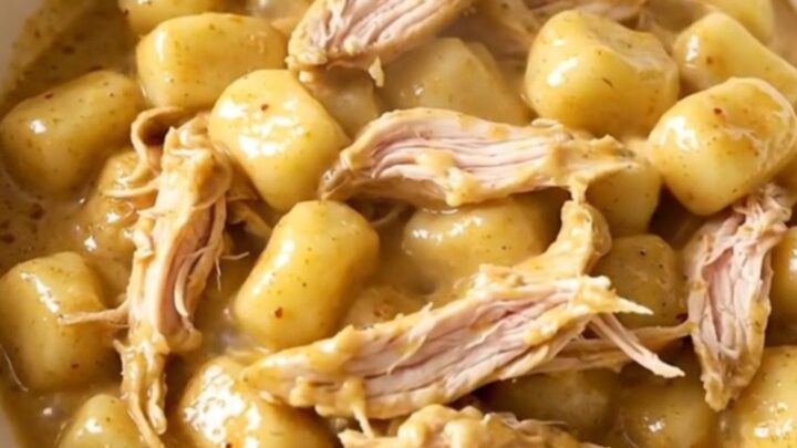 A warm, creamy bowl of ranch chicken and gnocchi served in a white dish.