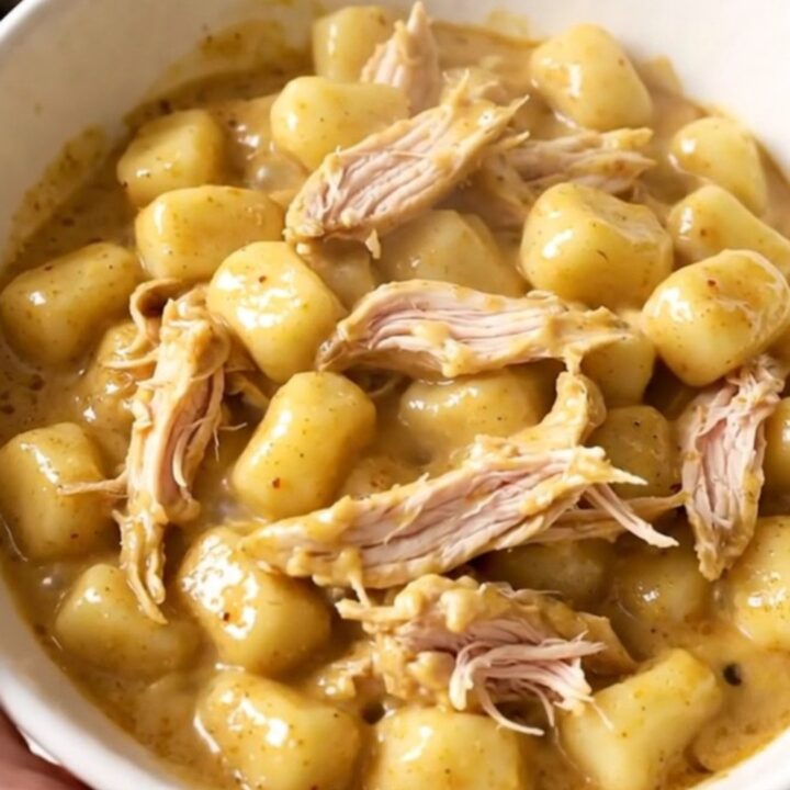 A warm, creamy bowl of ranch chicken and gnocchi served in a white dish.