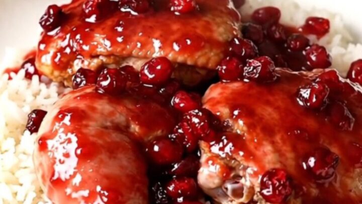 A top-down view of raw chicken thighs, diced onions, and cranberry sauce arranged in a slow cooker.