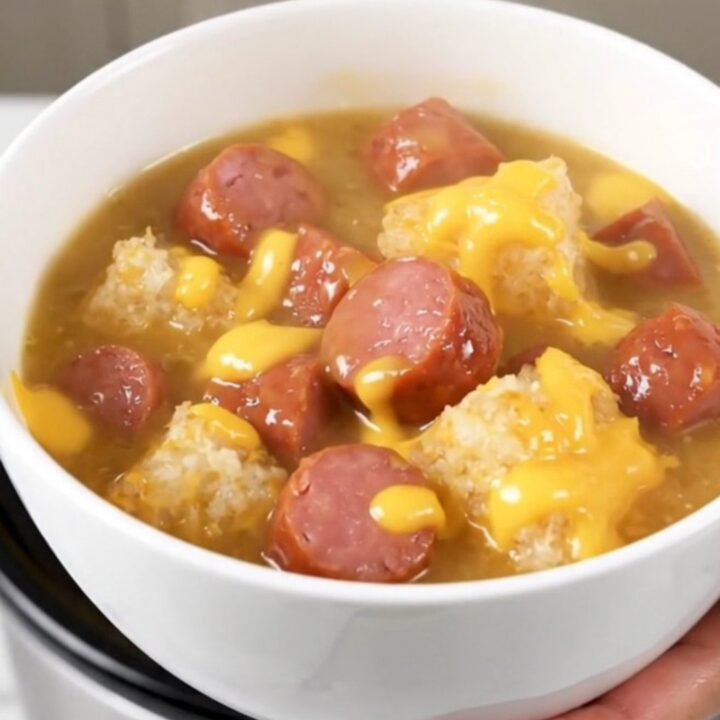 A white ceramic bowl filled with creamy kielbasa and hash brown chowder on a kitchen counter.
