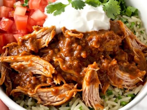 A steaming, shredded chipotle chicken burrito bowl in a white ceramic bowl filled with chicken, beans, and spices.
