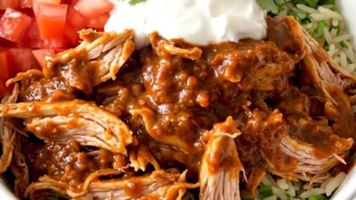 A steaming, shredded chipotle chicken burrito bowl in a white ceramic bowl filled with chicken, beans, and spices.