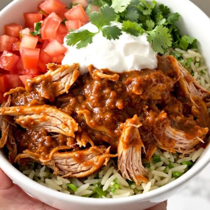 A steaming, shredded chipotle chicken burrito bowl in a white ceramic bowl filled with chicken, beans, and spices.