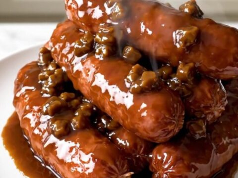 A close-up of glossy, glazed kielbasa pieces served on a white plate in a warm, inviting kitchen.