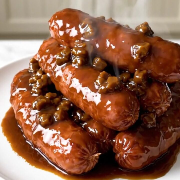 A close-up of glossy, glazed kielbasa pieces served on a white plate in a warm, inviting kitchen.
