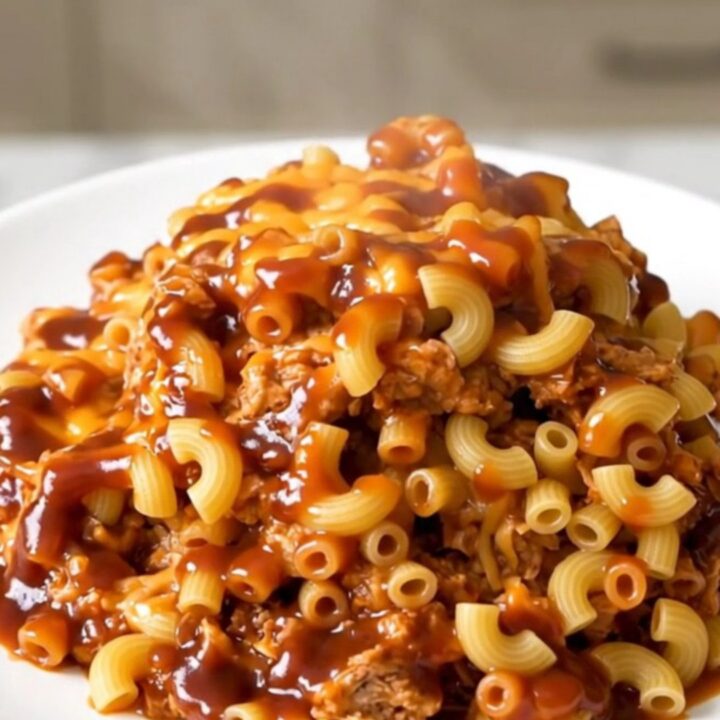 A close-up of a slow cooker filled with creamy pulled pork macaroni bake on a white speckled quartz countertop.
