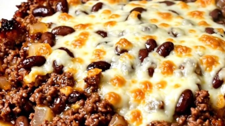 A steaming, savory slow cooker beef and black bean taco casserole topped with melted Monterey Jack cheese.