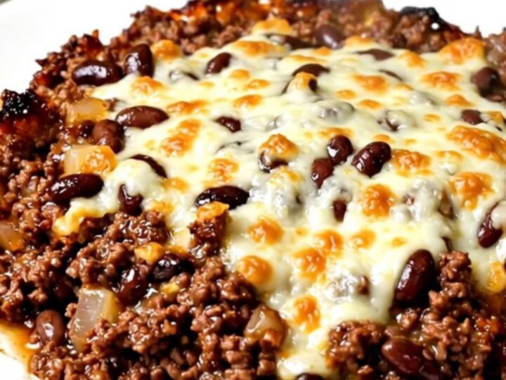 A steaming, savory slow cooker beef and black bean taco casserole topped with melted Monterey Jack cheese.