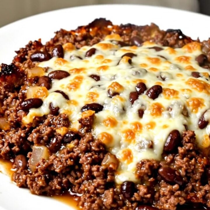 A steaming, savory slow cooker beef and black bean taco casserole topped with melted Monterey Jack cheese.