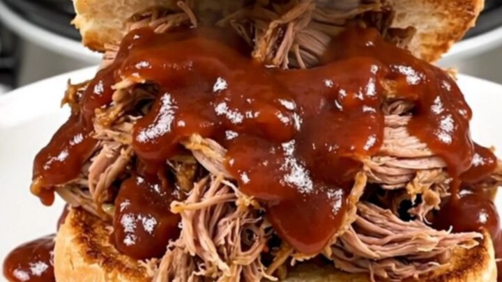 A close-up of a tender, saucy pulled pork sandwich on a toasted brioche bun, showcasing the glossy texture.