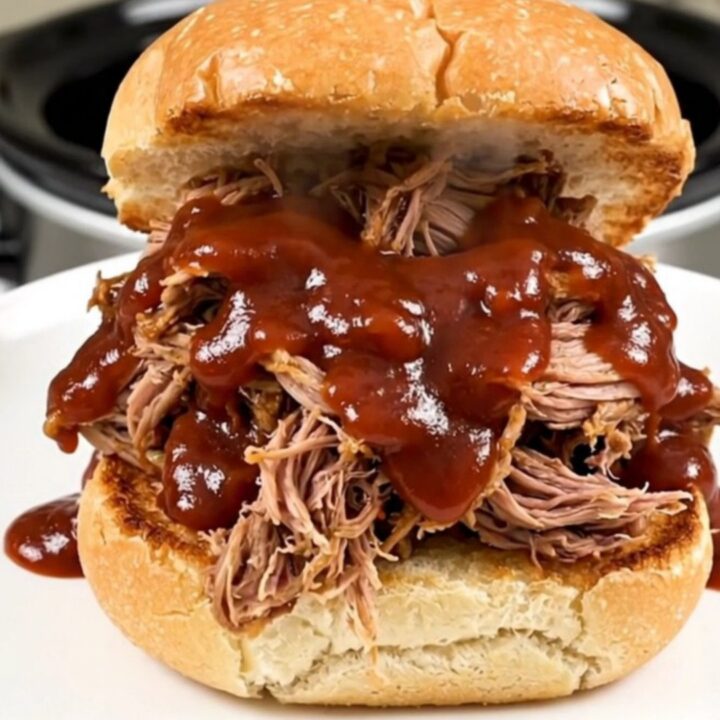 A close-up of a tender, saucy pulled pork sandwich on a toasted brioche bun, showcasing the glossy texture.