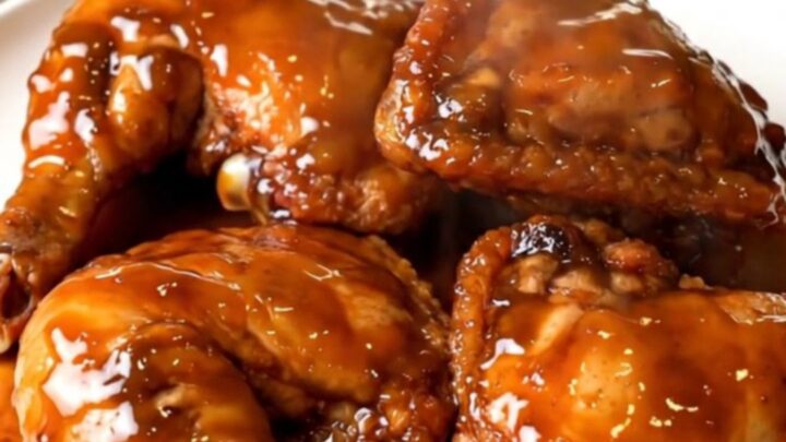 A plate of glistening pumpkin butter glazed chicken thighs served on a white plate.