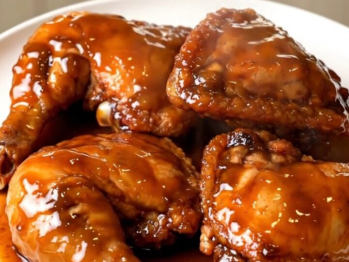 A plate of glistening pumpkin butter glazed chicken thighs served on a white plate.