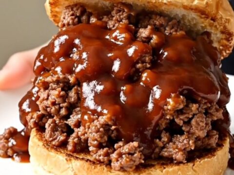 A close-up shot of the finished sweet and smoky ground beef served on a toasted roll on a white plate.