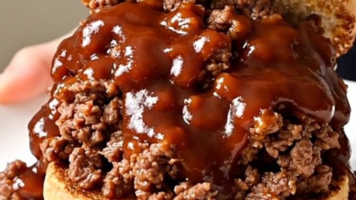 A close-up shot of the finished sweet and smoky ground beef served on a toasted roll on a white plate.