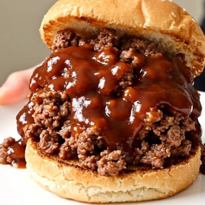 A close-up shot of the finished sweet and smoky ground beef served on a toasted roll on a white plate.