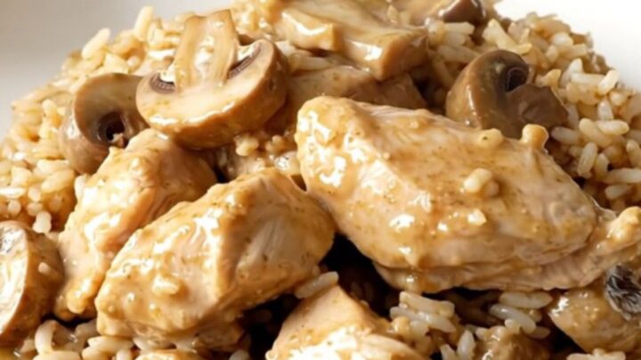 A plate of creamy Swiss mushroom chicken with tender breasts and savory mushrooms in a rich sauce.