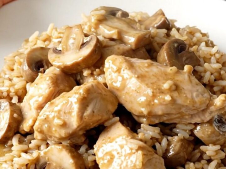 A plate of creamy Swiss mushroom chicken with tender breasts and savory mushrooms in a rich sauce.